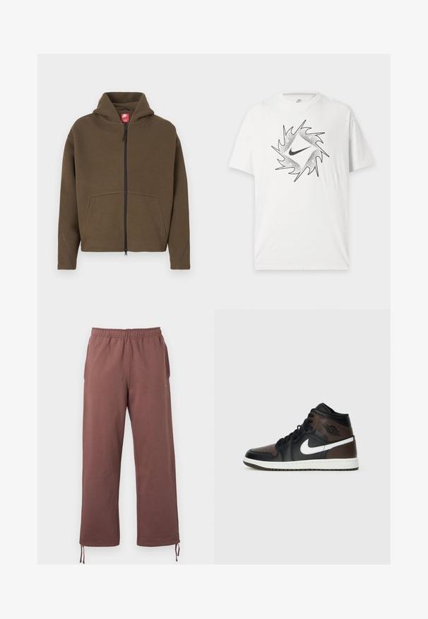 Brauner Kapuzenpullover mit Reißverschluss, großer Kapuze, Vorderentaschen und reflektierenden Akzenten an den Ärmeln. Hergestellt aus weichem Stoff mit strukturierter Oberfläche.; Weißes kurzärmeliges Nike T-Shirt mit schwarzem abstraktem kreisförmigem Design und zentralem Nike-Swoosh-Logo auf der Vorderseite.; Braune Hose mit elastischem Bund aus weichem Stoff, ausgestattet mit Seitentaschen und verstellbaren Kordeln an den Bündchen für eine individuelle Passform.; Schwarze und braune High-Top-Sneaker mit Obermaterial aus Leder, weißem Swoosh-Logo, perforierter Zehenpartie und Gummisohle. Mit schwarzen Schnürsenkeln und Kragen.