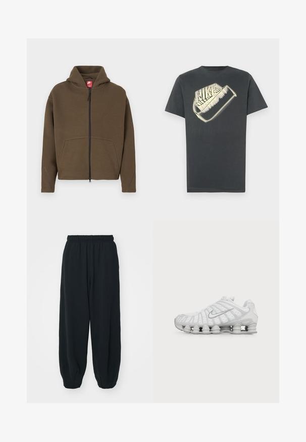 Brauner Kapuzenpullover mit Reißverschluss, großer Kapuze, Vorderentaschen und reflektierenden Akzenten an den Ärmeln. Hergestellt aus weichem Stoff mit strukturierter Oberfläche.; Dunkelgraues Baumwoll-T-Shirt mit rundem Halsausschnitt. Auf der Vorderseite befindet sich ein großes, stilisiertes "Nike"-Logo in einer helleren Farbe.; Schwarze Sweatpants mit elastischem Bund, lockerer Passform, gerippten Beinabschlüssen, glatter Textur und ohne sichtbare Muster oder Hardware-Akzente.; Weißer Nike Laufschuh mit sichtbarer luftgepolsterter Sohle und silbernem Swoosh-Logo an der Seite, von der Außenseite gezeigt.