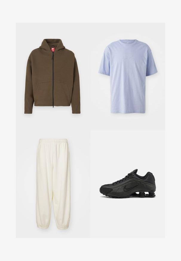 Brun hættejakke med lynlås, stor hætte, frontlommer og reflekterende detaljer på ærmerne. Lavet af blødt stof med en tekstureret finish.; Lysblå bomulds T-shirt med rund halsudskæring og korte ærmer. Har et præget "nike" logo i midten foran. Blød tekstur.; Cremefarvede sweatpants lavet af blødt stof, med en elastisk talje og tapered manchetter, i en afslappet pasform og uden synlige mønstre.; Sorte løbesko med en glat syntetisk overdel, perforerede detaljer, teksturerede sidedele og en distinkt fjedrende sål.