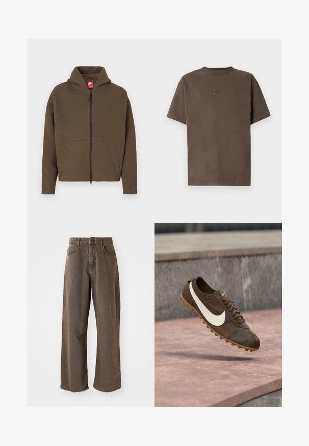 Sudadera marrón con cremallera, capucha grande, bolsillos delanteros y detalles reflectantes en las mangas. Hecha de tela suave con un acabado texturizado.; Camiseta marrón de manga corta de Nike con cuello redondo y pequeño logo bordado centrado en el pecho sobre un fondo blanco.; Pantalones de mezclilla marrones de pierna ancha con cierre de botón, trabillas para el cinturón y bolsillos delanteros. La tela tiene una textura ligeramente desgastada.; Zapatilla de running Nike marrón con el logo Swoosh blanco y suela de goma flotando sobre una superficie de piedra rosa con fondo de piedra gris.