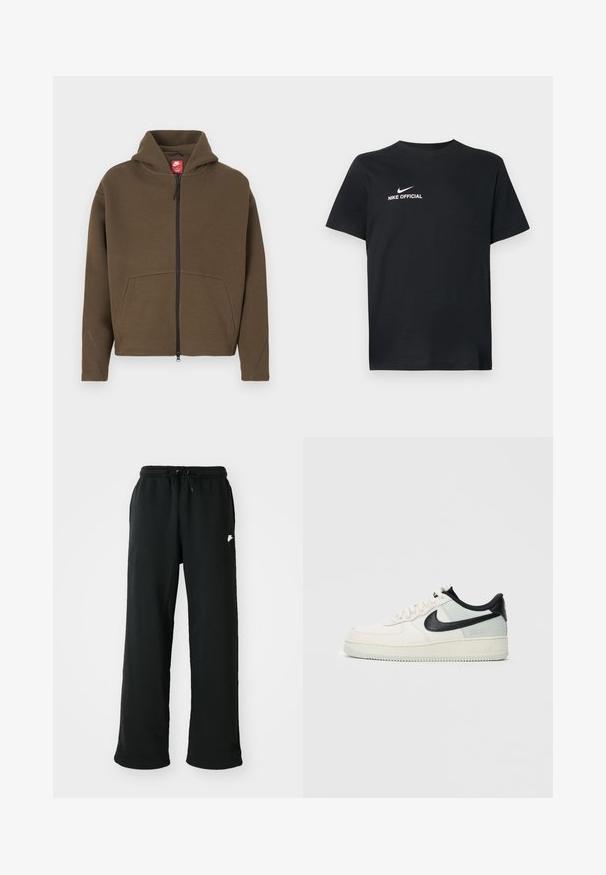 Sweat à capuche marron zippé avec une grande capuche, des poches avant et des accents réfléchissants sur les manches. Confectionné en tissu doux avec une finition texturée.; T-shirt en coton noir avec un col rond. Présente un logo Nike blanc et le texte "NIKE OFFICIAL" à l'avant. Manches courtes.; Pantalons de survêtement noirs en tissu doux, dotés d'une taille élastique avec cordon de serrage réglable et d'un petit logo décoratif sur le côté.; Basket low Nike Air Force 1 en crème et gris clair avec un swoosh noir et le logo Gore-Tex sur fond blanc.