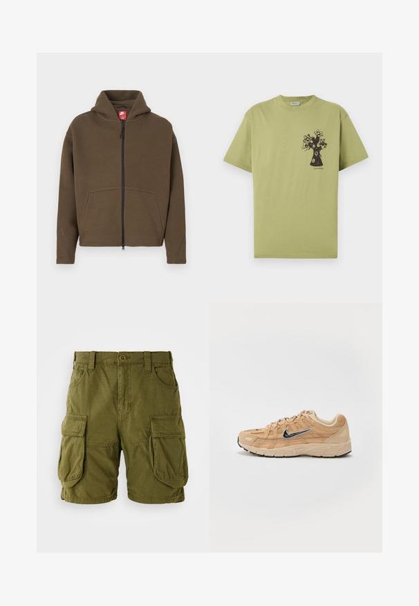 Sudadera marrón con cremallera, capucha grande, bolsillos delanteros y detalles reflectantes en las mangas. Hecha de tela suave con un acabado texturizado.; Camiseta de manga corta verde claro con un gráfico negro de un árbol de flores abstracto en el área izquierda del pecho y un texto pequeño debajo del diseño.; Pantalones cortos cargo color verde oliva, confeccionados en una mezcla de algodón. Cuentan con dos grandes bolsillos laterales y un cierre de botón con trabillas para cinturón. Textura suave.; Zapatilla deportiva beige con materiales de malla y ante, silueta curva, suela negra, prominente logo plateado de Nike en el lateral y acentos texturizados.