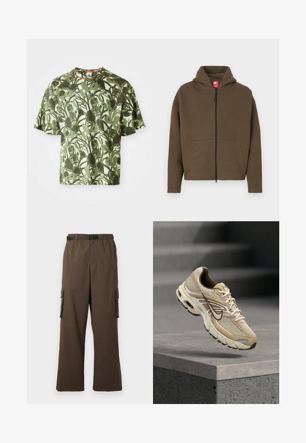 Sudadera marrón con cremallera, capucha grande, bolsillos delanteros y detalles reflectantes en las mangas. Hecha de tela suave con un acabado texturizado.; Camiseta de manga corta verde con un patrón de hojas texturizado, con un acento naranja en el cuello y un corte relajado. Fabricada con un material transpirable.; Pantalones cargo marrones de corte holgado, con cintura elástica y dos bolsillos laterales. Incluyen un cinturón negro con diseño, de textura suave.; Zapatilla de running Nike beige y blanca con paneles de malla y el swoosh negro, flotando sobre un borde de hormigón con escaleras desenfocadas al fondo.