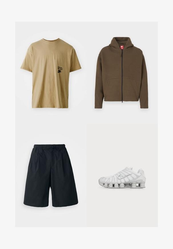 Brun hættejakke med lynlås, stor hætte, frontlommer og reflekterende detaljer på ærmerne. Lavet af blødt stof med en tekstureret finish.; Beige kortærmet T-shirt lavet af bomuld, som har sort "OFFICIAL USE ONLY" tekst og Nike-logo på venstre bryst.; Sorte shorts med elastisk talje og justerbar snor. Lavet af et glat stof, med en løs pasform og uden synlige mønstre.; Hvid Nike løbesko med synlig luftstøbt sål og sølv swoosh-logo på siden, vist fra ydersiden.