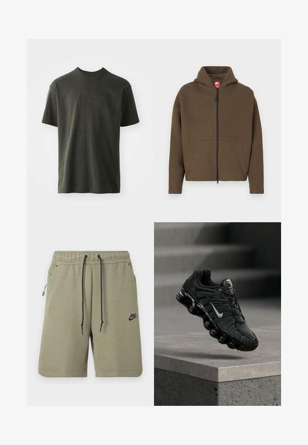 Sudadera marrón con cremallera, capucha grande, bolsillos delanteros y detalles reflectantes en las mangas. Hecha de tela suave con un acabado texturizado.; Camiseta verde oscura de tela suave, con cuello redondo y mangas cortas. Logo "nike" bordado en un verde ligeramente más oscuro.; Pantalones cortos Nike verde oliva con cordón negro, cintura elástica, bolsillos laterales y logo de Nike en la pierna izquierda.; Zapatilla de correr Nike en negro y gris oscuro con el logo Swoosh blanco suspendida sobre un borde de cemento y escaleras al fondo.