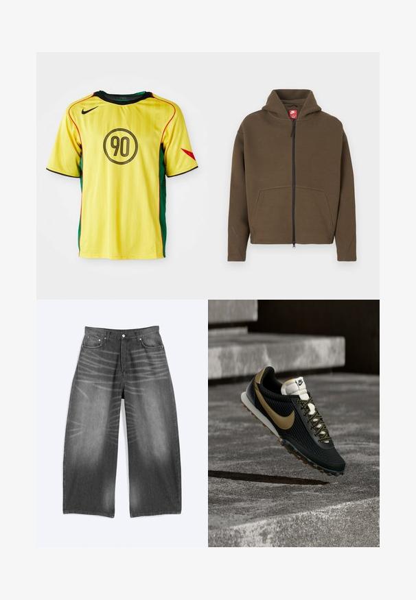 Sweat à capuche marron zippé avec une grande capuche, des poches avant et des accents réfléchissants sur les manches. Confectionné en tissu doux avec une finition texturée.; Maillot de football Nike jaune avec des panneaux latéraux verts, des accents noirs et des détails rouges. Présente un design rond noir avec le chiffre "90" sur le devant.; Jean en denim noir délavé à jambes larges avec poches avant et fermeture à boutons, présenté à plat sur fond clair.; Chaussure de course Nike noire et dorée avec une tige texturée et des lacets à motifs flottant au-dessus d'une surface en béton rugueuse et des marches.