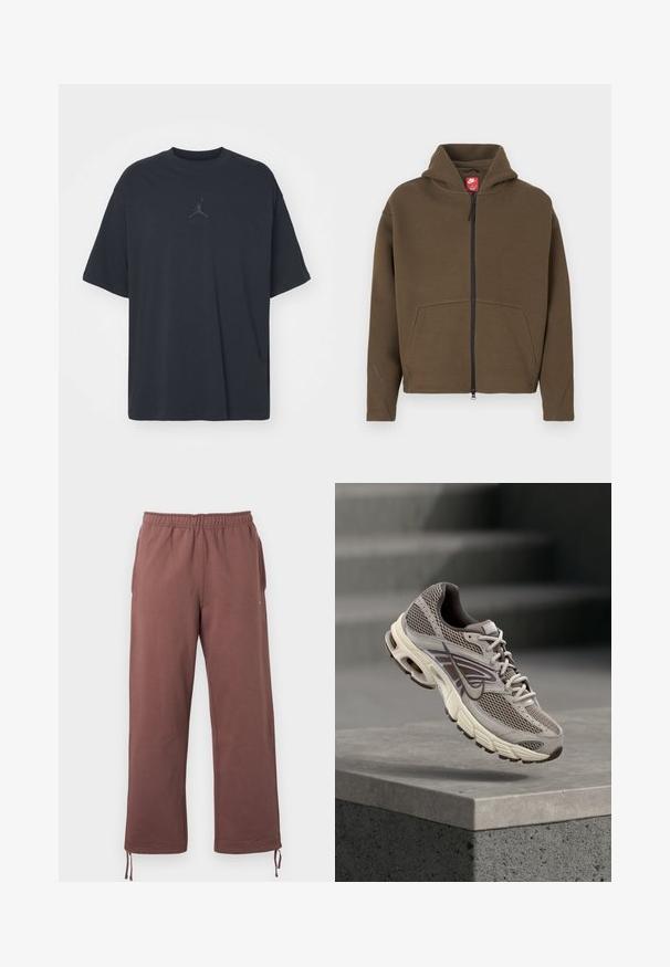 Brun hættejakke med lynlås, stor hætte, frontlommer og reflekterende detaljer på ærmerne. Lavet af blødt stof med en tekstureret finish.; Sort bomuld T-shirt med løs pasform, rund hals, korte ærmer, med et diskret logo og teksten "AIR" over logoet i centrum.; Brune bukser med elastisk linning, lavet af blødt stof, med sidelommer og justerbare snore ved manchetterne for en tilpasset pasform.; Grå og beige Nike løbesko, der svæver i luften over en betonkant med slørede trapper i baggrunden.