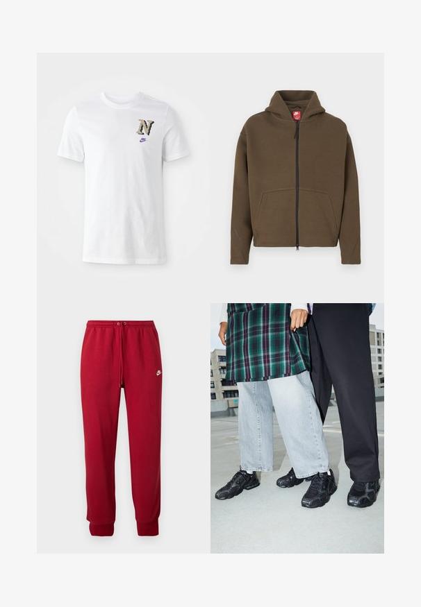 Brun hættejakke med lynlås, stor hætte, frontlommer og reflekterende detaljer på ærmerne. Lavet af blødt stof med en tekstureret finish.; Hvid bomulds t-shirt med et camouflagestruktur mønsteret "N" logo og et lille lilla Nike swoosh på brystet. Klassisk crew neck design.; Røde Nike joggingbukser med elastisk talje, snøre, ribkant ved anklerne og lille hvid Nike-logo på venstre lår.; Sorte atletik sko med mesh- og gummidetaljer. Båret med lysegrå vide jeans og en ternet grøn bluse. Flad overflade i baggrunden.