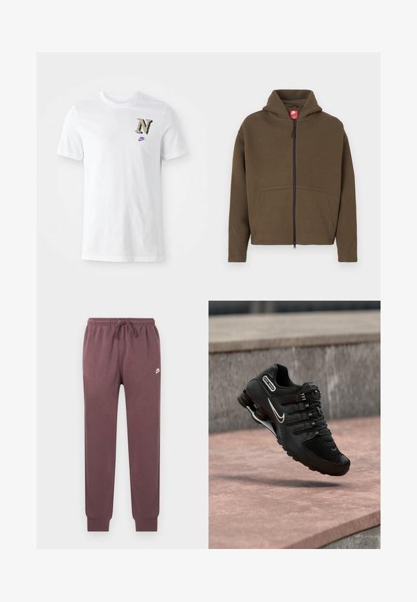 Sweat à capuche marron zippé avec une grande capuche, des poches avant et des accents réfléchissants sur les manches. Confectionné en tissu doux avec une finition texturée.; T-shirt en coton blanc avec un logo "N" au motif camouflage et un petit swoosh Nike violet sur la poitrine. Design classique à col rond.; Pantalon de survêtement Nike marron avec taille élastique et cordon de serrage, poignets côtelés et logo Nike swoosh blanc sur la partie supérieure de la cuisse gauche.; Chaussure de running Nike Shox noire avec logo swoosh blanc, en l'air au-dessus d'une surface en béton rosée devant un mur en pierre gris.