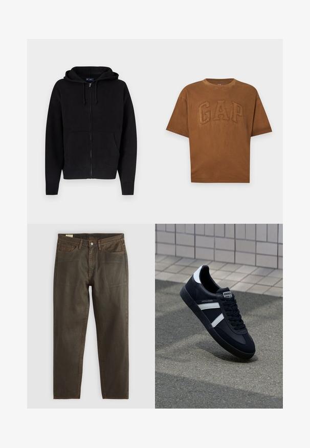 Schwarzer Kapuzenpullover zum Reißverschluss aus weichem Baumwollmischgewebe. Mit Kordelzugkapuze, Fronttaschen sowie gerippten Bündchen und Saum.; Braunes T-Shirt mit kurzen Ärmeln und erhabenen, aufgestickten "GAP" Buchstaben auf der Vorderseite, Rundhalsausschnitt und lockerer Passform.; Dunkelgrüne Denim-Jeans mit geradem Schnitt, ausgestattet mit kupferfarbenen Nähten, einem klassischen Fünf-Taschen-Design und einem Knopfverschluss.; Schwarze Leder-Sneaker mit weißen Streifen, strukturiertem Gummisohle und Schnürung. Verfügt über ein Markenetikett auf der Zunge.
