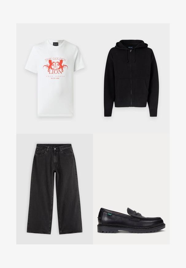 Zwarte hoodie met ritssluiting, gemaakt van een zachte katoenmix. Voorzien van een capuchon met trekkoord, zakken aan de voorkant en geribde boorden bij de mouwen en zoom.; Witte katoenen t-shirt met een rode grafische print van twee leeuwen en de tekst "THE GOLDEN LION FREE HOUSE" in een circulair ontwerp. Korte mouwen.; Zwarte wijde spijkerbroek met voorzakken, riemlussen en knoopsluiting, getoond op een effen lichte achtergrond.; Zwarte leren loafer met dikke geprofileerde zool en klein groen "Polo" label aan de buitenkant bij de hiel.