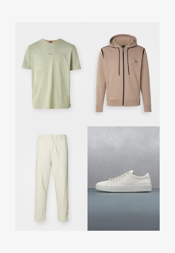 Hoodie in een beige katoenmix, met een zwarte rits, zijzakken en minimalistische logodetails op de borst.; Olijfgroen T-shirt met korte mouwen van zachte stof, met een ronde halslijn en een klein 'BOSS'-logo gedrukt in het midden.; Lichtbeige katoenen broek met een rechte pijpontwerp, voorzien van een voorgestructureerde knoopsluiting en standaardzakken, een gladde textuur en geen patronen.; Witte leren sneaker met een ronde neus, minimalistisch ontwerp, grijze veters en een gestructureerde grijze rubberen zool. Fijne stikdetails zichtbaar.
