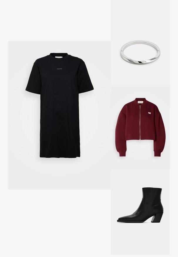 Calvin Klein Jeans Mikina so zipsom - deep rouge; Čierne bavlnené šaty vo forme trička s krátkymi rukávmi, s okrúhlym výstrihom a malým, stredovým logom Calvin Klein na hrudníku. Jednoduchý dizajn.; Čierna kožená členková topánka s špicatou špičkou, elegantným siluetou a masívnym štvorecovým podpätkom. Hladký povrch s minimálnymi švovými detailmi.; Strieborný kovový náramok so hladkým, lesklým povrchom a plochými hranami. Má otvorený kruhový dizajn s jemným detailom zapínania.