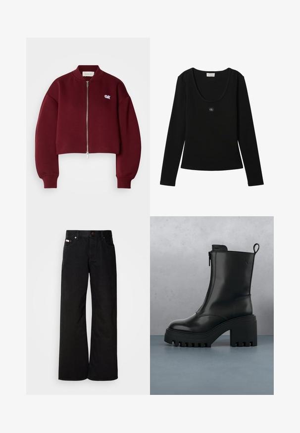Calvin Klein Jeans Sweatjakke - deep rouge; Sort langærmet ribbet top med rund halsudskæring og lille Calvin Klein logo patch centreret på brystet.; Sorte breddebenede jeans lavet af bomuld. Har forlommer, en knaplukning og en klassisk denimtekstur. Minimalistisk design uden mønstre.; Sorte læder ankelstøvler med kraftig sål, blokhæl, lynlås i siden og trækflap bagpå på en ensfarvet hvid baggrund.