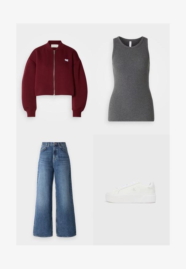 Calvin Klein Jeans Mikina so zipsom - deep rouge; Sivý bezrukávový tričko z rebrovanej látky; má okrúhly výstrih a priliehavý strih. Žiadne vzory ani ďalšie akcenty.; Vysokopásové rozšírené džínsy vyrobené zo svetlo modrého denimu, s klasickým piatym vreckom a jemným vyblednutím pozdĺž nohavíc.; Biele platformové tenisky s hladkým koženým zvrškom, zaoblenou špičkou, bielymi šnúrkami a jemným detailom loga na boku. Plochá gumová podrážka.