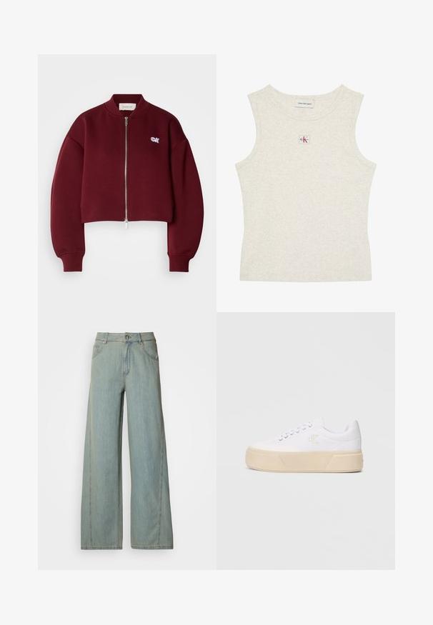 Calvin Klein Jeans Sweatjakke - deep rouge; Ærmeløs, lysebeige ribstrikket tanktop med Calvin Klein Jeans-mærke inde i kraven og lille CK-logo på en lap centreret under halsudskæringen.; Lyseblå bredbuks jeans lavet af denim, med knap- og lynlås-lukning, fem lommer og kontrasterende syninger.; Hvide kanvas sneakers med en kraftig beige platformsål, der har et diskret broderet logo på siden og klassisk snørebåndsdesign.