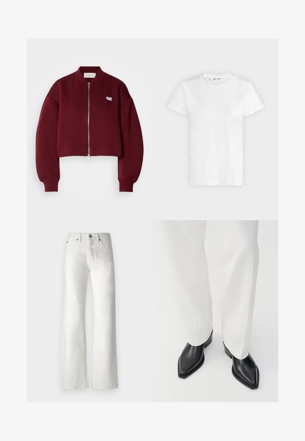 Calvin Klein Jeans Sudadera con cremallera - deep rouge; Camiseta blanca lisa de manga corta y cuello redondo, colocada plana sobre un fondo gris claro, mostrando la parte delantera con etiqueta dentro del escote.; Jeans blancos de pierna ancha hechos de denim. Incluyen una cintura alta, diseño de cinco bolsillos y costuras sutílmente rematadas a lo largo de las costuras.; Botas de tobillo negras con punta afilada y acabado de cuero liso, con tacones bajos y bloque, combinadas con pantalones blancos de pierna ancha. Diseño simple y moderno.
