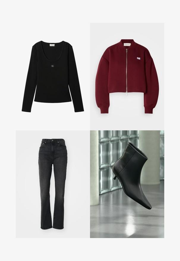 Calvin Klein Jeans Sweatjakke - deep rouge; Sort langærmet ribbet top med rund halsudskæring og lille Calvin Klein logo patch centreret på brystet.; Højtaljede sorte denim jeans med lige ben, fem-lomme design, frontlukning med knap og minimal syning.; Sort læderankelstøvle med spids tå og lav kitten-hæ, vist vinklet mod en poleret gulv- og glasblokvæg.
