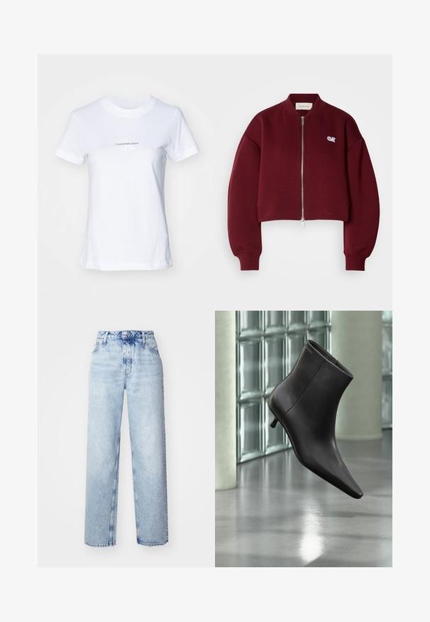 Calvin Klein Jeans Lukuga pusa - deep rouge; Valge puuvillane T-särk, millel on ümmargune kaelus, lühikesed varrukad ja esipaneelil sinine graafika tekstiga: "CalvinKleinJeans" stiilse "K" logoga.; Heledad sinised kõrge vöökohaga teksad, millel on lobed lõiked, sirged põlved, viis taskut ja klassikaline nööbiga ja tõmblukuga sulgemine.; Mustast nahast pahkluu saabas terava varbaotsaga ja väikese kontsaga, esitletud klaasplokkidest seina ja poleeritud põranda taustal.