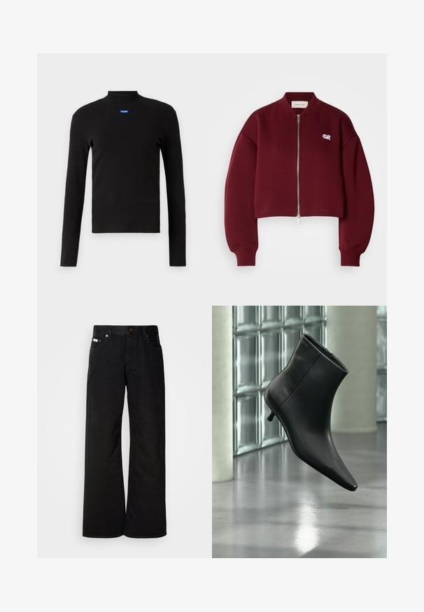 Calvin Klein Jeans Φούτερ με φερμουάρ - deep rouge; HUGO EASY - Μπλούζα με μακριά μανίκια - schwarz; Μαύρα τζιν παντελόνια με φαρδιά πόδια, φτιαγμένα από βαμβάκι. Διαθέτουν μπροστινές τσέπες, κλείσιμο με κουμπί και κλασική υφή τζιν. Μινιμαλιστικός σχεδιασμός χωρίς σχέδια.; Μαύρο δερμάτινο μποτάκι αστραγάλου με μυτερή μύτη και χαμηλό τακούνι τύπου kitten heel, εμφανίζεται σε γωνία μπροστά σε γυαλισμένο πάτωμα και τοίχο από γυάλινους τούβλους.