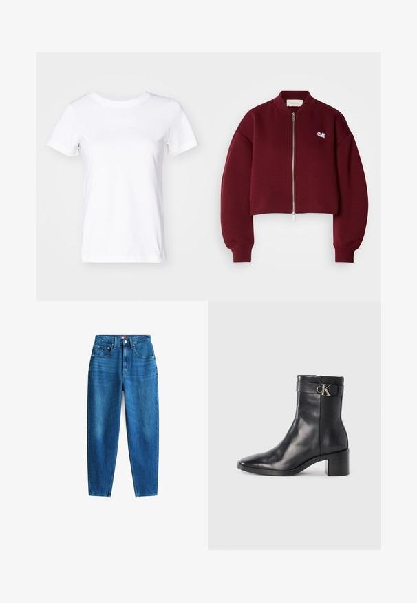 Calvin Klein Jeans Φούτερ με φερμουάρ - deep rouge; Λευκό βαμβακερό μπλουζάκι με κοντά μανίκια, στρογγυλή λαιμόκοψη και διακριτικό λογότυπο στο μπροστινό μέρος. Λείο ύφασμα, κλασική εφαρμογή.; Μπλε τζιν παντελόνι με ίσια γραμμή, πέντε τσέπες, κλείσιμο με κουμπί και φερμουάρ, και ελαφριά ξεθώριασμα για ποικιλία υφής.; Μαύρη δερμάτινη μπότες μέχρι τον αστράγαλο με μυτερή μύτη, τετράγωνη φτέρνα και λουρί με μεταλλικό λογότυπο. Λείος υφή και μίνιμαλ σχέδιο.
