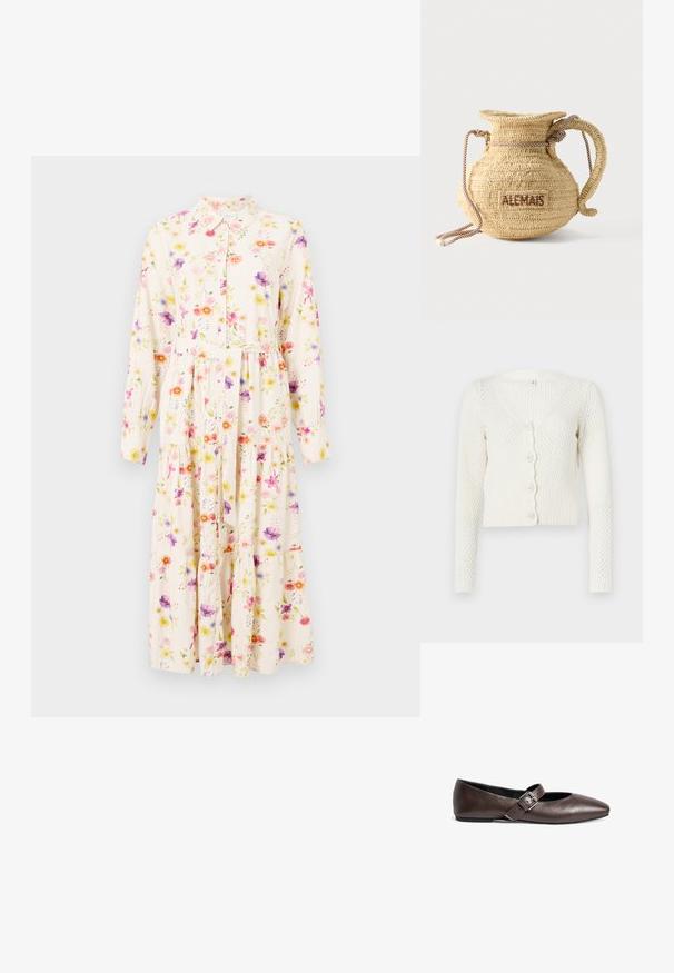 Hvid strikket cardigan med V-hals, lange ærmer og bølget knaplukning. Har et struktureret mønster og ribbet kant.; Blomstret kjole med lange ærmer, krave, knappet fortil og lagdelt skirt. Stoffet har et pastelfarvet blomstermønster på en kremfarvet baggrund.; Brune læder flade sko med rund tå og en justerbar spænde rem over midtfoden. Glat tekstur og minimalistisk design.; Rund flettet stråtaske med håndtag af reb og "ALEMAIS" broderet på siden med brunt garn.