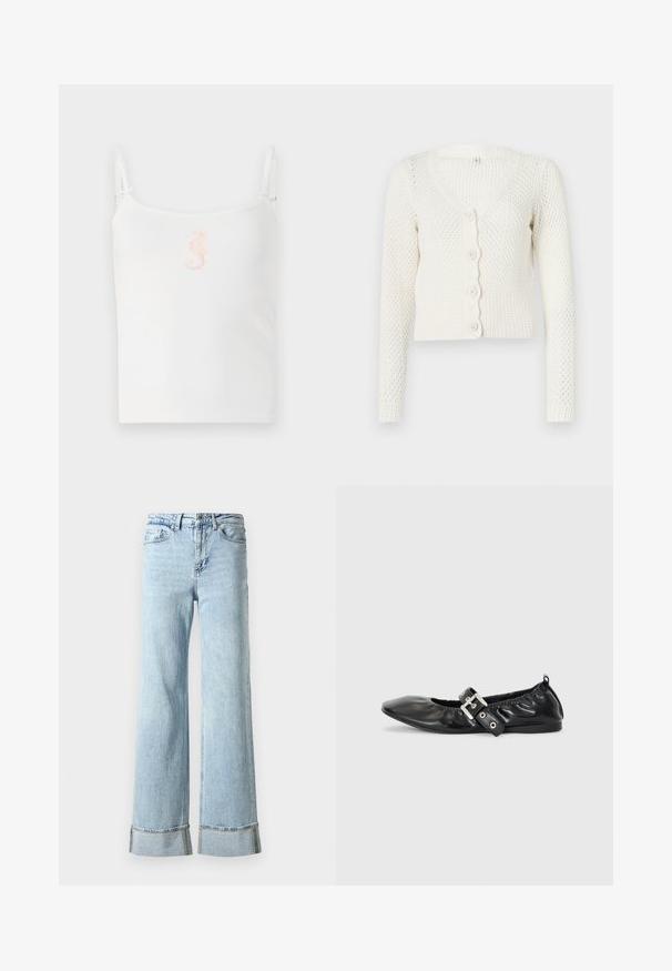 Hvid strikket cardigan med V-hals, lange ærmer og bølget knaplukning. Har et struktureret mønster og ribbet kant.; Hvid ribbet tanktop med tynde stropper, med et lille pink søhestedesign i midten. Glat tekstur, afslappet pasform.; Lysblå denim jeans med brede ben, frynset kant og dekorative rhinsten detaljer ved manchetterne. Standard fem-lomme design.; Sorte læder flade sko med spids tå, samling detaljer omkring åbningen, og en sølv spænde accent på den justerbare rem.