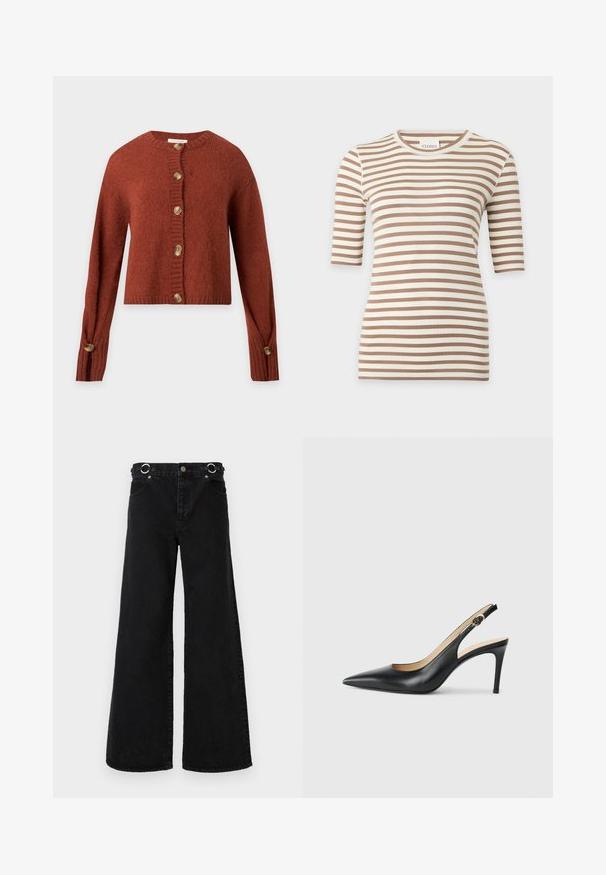 Cardigan en maille couleur rouille avec des boutons en bois sur le devant et aux poignets côtelés, avec un col rond et des manches longues.; Top en maille à manches courtes beige et blanc à rayures horizontales, col rond et coupe slim.; Jean noir à jambes larges en denim, avec une taille haute, de grandes poches avant, et des accessoires ronds argentés à la ceinture.; Escarpins en cuir noir avec une pointe fine, une bride ajustable et un talon aiguille élégant, présentant une finition lisse.