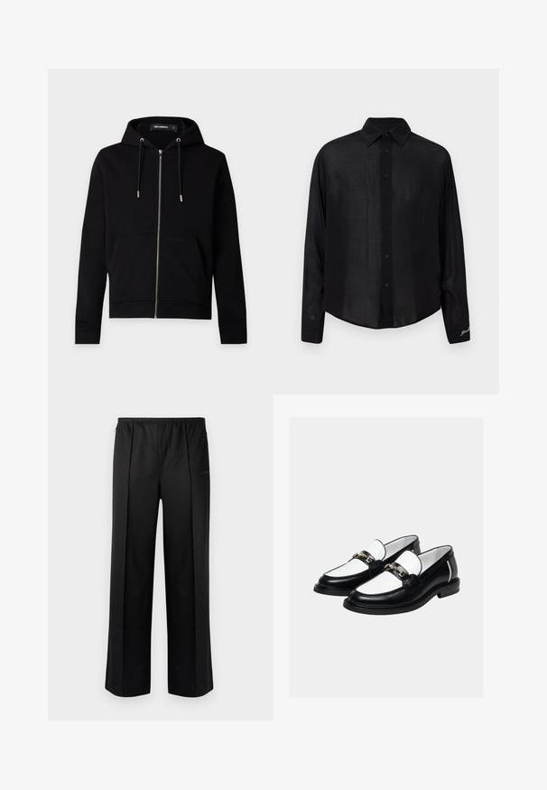 Sudadera negra con cremallera, cordones, bolsillos delanteros y una etiqueta de marca visible dentro del cuello, sobre un fondo claro y liso.; Camisa negra de manga larga con botones, cuello puntiagudo y detalle bordado sutil en el puño izquierdo sobre un fondo blanco.; Les Benjamins Pantalones - black; Par de mocasines de cuero en blanco y negro con detalle de cadena dorada en la parte superior, sobre un fondo claro y liso.