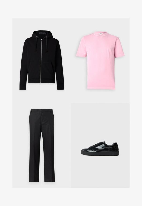 Sweat à capuche noir zippé avec cordons de serrage, poches avant et étiquette de marque visible à l'intérieur du col sur un fond uni clair.; T-shirt rose clair à manches courtes en coton doux. Présente un col rond classique et un design simple sans motifs ni accents.; Pantalon noir à coupe droite avec ceinture, passants de ceinture, bouton et fermeture éclair à l’avant, présenté sur fond blanc.; Baskets en cuir verni noir avec un bout arrondi, un laçage, une semelle en caoutchouc texturé et une finition lisse.
