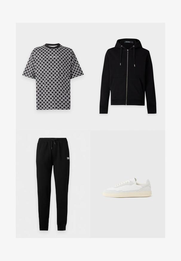 Sweat à capuche noir zippé avec cordons de serrage, poches avant et étiquette de marque visible à l'intérieur du col sur un fond uni clair.; Chemise à manches courtes à carreaux noirs et blancs avec des motifs répétés du symbole de paix circulaire et un col noir.; Pantalon jogger noir coupe slim avec taille élastique et cordon de serrage, chevilles resserrées, et petit logo blanc "KARL LAGERFELD" sur la hanche droite.; Baskets blanches avec dessus en daim et cuir texturé. Caractérisées par un bout arrondi, une fermeture à lacets et une semelle en caoutchouc beige contrastante.