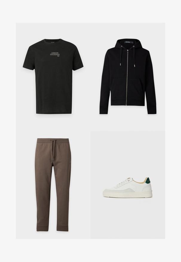 Sweat à capuche noir zippé avec cordons de serrage, poches avant et étiquette de marque visible à l'intérieur du col sur un fond uni clair.; T-shirt en coton noir à manches courtes, col rond, avec un logo brodé "Armani Exchange" en contraste sur la poitrine.; Pantalon de survêtement marron fuselé avec taille élastique et cordon, présenté à plat sur un fond clair.; Baskets blanches avec des accents en daim, bout arrondi, lacets plats et semelle en caoutchouc crème. Présente une marque verte sur le talon.