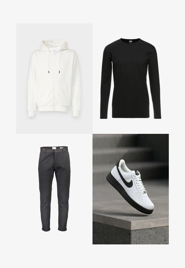 Sweat à zip blanc en tissu doux, avec une poche avant, des cordons de serrage et des poignets côtelés. Texture lisse avec un design minimal.; Urban Classics STRETCH TERRY - T-shirt à manches longues - black; Pantalon slim gris foncé en tissu doux, doté d'une fermeture à boutons, de passants pour ceinture et d'ourlets retroussés. Texture lisse sans motifs.; Baskets en cuir blanc avec accents noirs, bout arrondi et détails perforés. Semelle en caoutchouc noire avec motif texturé et fermeture à lacets.