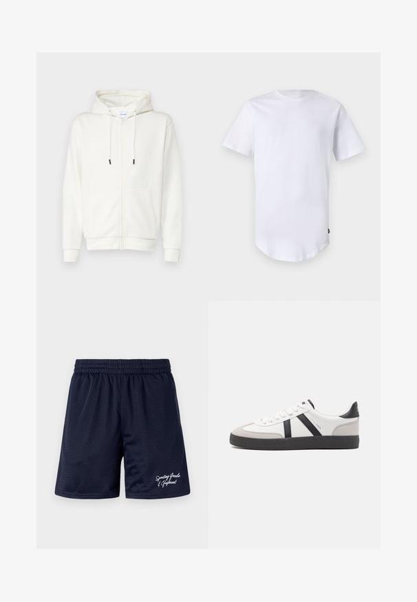Sweat à zip blanc en tissu doux, avec une poche avant, des cordons de serrage et des poignets côtelés. Texture lisse avec un design minimal.; T-shirt blanc à manches courtes en coton. Design à col rond avec un ourlet arrondi. Étiquette visible sur le côté inférieur gauche. Texture lisse.; Shorts de sport en mesh bleu marine avec une taille élastique. Présente un texte brodé blanc "Articles de sport et équipements" en bas à droite.; Baskets blanches avec des accents noirs et gris, présentant un embout texturé gris, une semelle en caoutchouc noir et des lacets plats blancs. Design épuré, style minimaliste.
