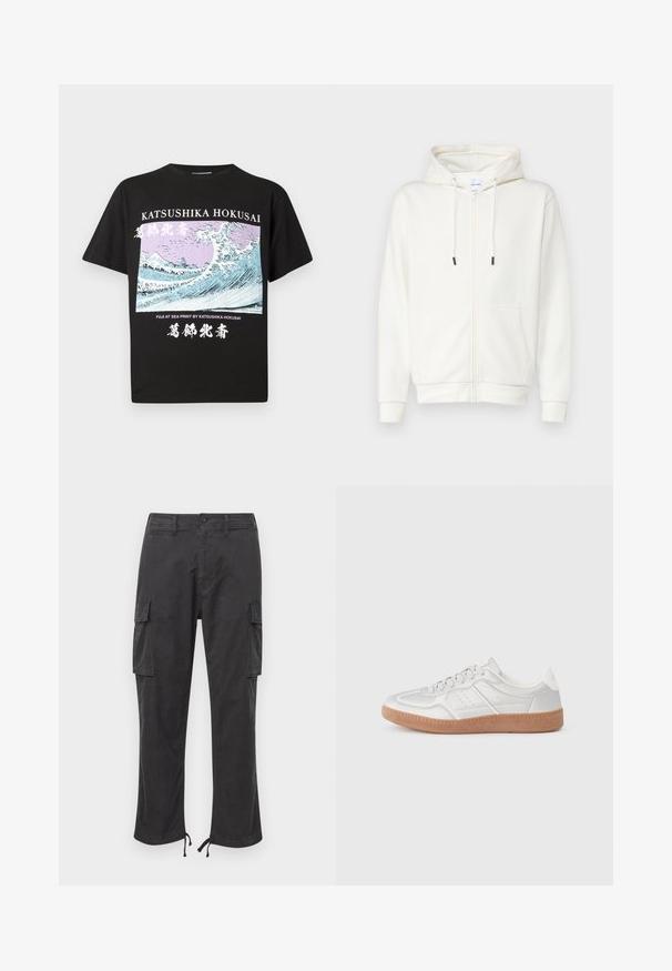 Hvid lynlås hoodie lavet af blødt stof, med en frontlomme, snoretræk og ribbede bek. Glat tekstur med minimal design.; Sort bomulds T-shirt med korte ærmer, der har et grafisk print af Hokusais "Fuji ved Havet" i blå og lilla med hvid tekst.; Sorte cargo-bukser med to sidelommer, justerbare snore i bukseenderne, knaplukning og en glat, holdbar stofstruktur.; Sølv sneakers med en glat overflade, snørebånd, perforerede detaljer og en struktureret brun gummi sål.