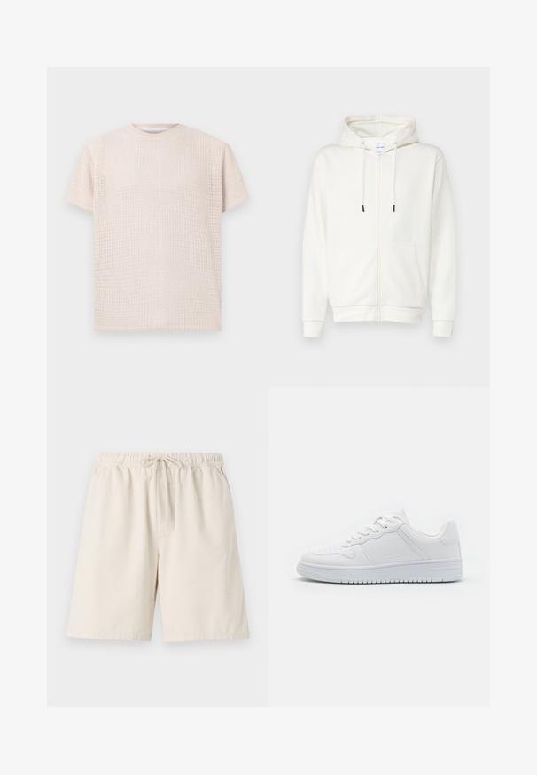 Witte zip-up hoodie gemaakt van zachte stof, met een voorzak, trekkoorden en ribgebreide manchetten. Gladde textuur met een minimalistisch ontwerp.; Licht beige korte mouwen t-shirt met een gestructureerd patroon en een losse pasvorm. Ronde halslijn en zachte stof, geschikt voor casual draag.; Lichtbeige geribde shorts met een elastische tailleband en trekkoord. Voorzien van zijzakken en een relaxte pasvorm. Gemaakt van een katoenmix.; Witte sneakers van glad synthetisch materiaal, met platte veters, geperforeerde neus en een rubberen zool met een gestructureerd grippatroon.