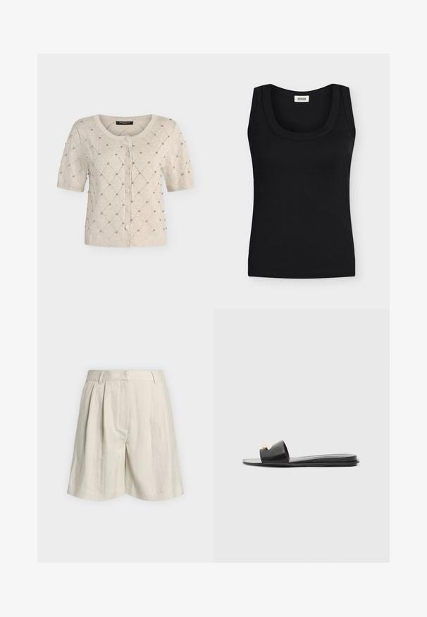 Cardigan beige à manches courtes avec boutons sur le devant, motif matelassé en losanges, et petits clous argentés sur un fond uni clair.; Débardeur noir côtelé sans manches avec larges bretelles et encolure ronde, étiquette de marque visible à l'intérieur du col.; Short beige taille haute avec passants de ceinture, plis devant et coupe large aux jambes, présenté sur un fond clair uni.; Sandales noires à glissière avec un large dessus, texture en cuir lisse, design à bout ouvert et détail doré sur la sangle. Semelle plate.