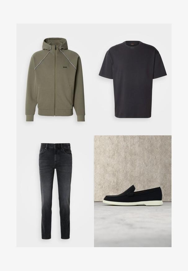 Olivgrüner Kapuzenpullover mit Reißverschluss aus weichem Stoff, mit Kapuze, weißen Paspeln an den Schultern und zwei Seitentaschen.; Schwarzes T-Shirt mit kurzen Ärmeln aus Baumwolle, mit rundem Halsausschnitt und dezentem Branding am Kragen. Weiche Textur mit lässiger Passform.; Schwarze Jeans aus Denim mit schlanker Passform, mittelhohem Bund, klassischem Fünf-Taschen-Design und dezenten Verblassungen an den Beinen.; Schwarzer Slipper mit runder Zehenpartie, präsentiert sich mit einem strukturierten Obermaterial, glatter weißer Sohle und einem dezenten Branding-Detail an der Seite.