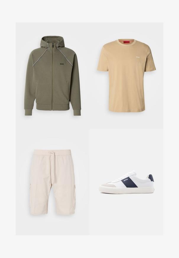 Olivengrøn zip-up hættetrøje lavet af blødt stof, med hætte, hvid piping langs skuldrene og to sidelommer.; Beige bomulds t-shirt med rund halsudskæring, korte ærmer og et lille hvidt "HUGO" logo på brystet. Glat tekstur uden mønstre.; Beige cargoshorts med elastisk talje og snor, der har to sidelommer og et glat, let materiale.; Hvid sneakers med lav top med navyblå side stribe, "BOSS" logo, beige tåbeskytter og hvid sål, vist i profil på en lys baggrund.