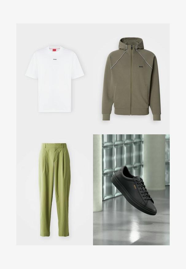 Olivengrøn zip-up hættetrøje lavet af blødt stof, med hætte, hvid piping langs skuldrene og to sidelommer.; Hvid T-shirt med korte ærmer med lille sort "HUGO" logo centreret på brystet og et rødt mærke inde i kraven.; Lys grønne bukser lavet af et struktureret stof, med en lige form, folder foran og en standard talje.; Sort lavtopet lædersneaker med sorte snørebånd og gyldent BOSS-logo på siden, svævende over en blank grå gulv i et moderne indendørs rum.