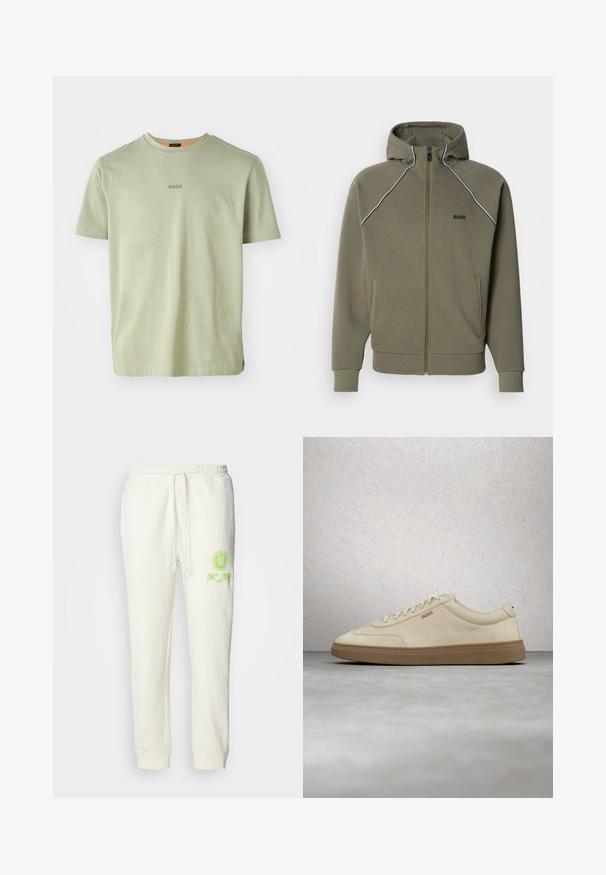 Sweat à capuche zippé vert olive en tissu doux, avec une capuche, un liseré blanc le long des épaules et deux poches latérales.; T-shirt à manches courtes olive en tissu doux, avec un col rond et un petit logo "BOSS" imprimé au centre.; Pantalons de survêtement couleur crème en mélange de coton, avec une taille élastique, un cordon de serrage et un logo sourire imprimé vert fluo sur le devant.; Baskets en daim beige clair avec une semelle en caoutchouc gomme, des lacets prononcés et des détails de couture subtils. Design épuré avec une esthétique minimaliste.