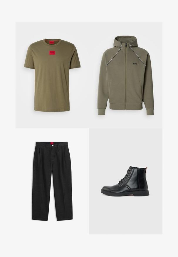 Olivgrüner Kapuzenpullover mit Reißverschluss aus weichem Stoff, mit Kapuze, weißen Paspeln an den Schultern und zwei Seitentaschen.; Olivegrünes Baumwoll-T-Shirt mit Rundhals, kurzen Ärmeln und einem roten quadratischen Logo-Patch auf der Brust. Glatte Textur.; Schwarze Hose mit hoher Taille, vorderen Falten, Gürtelschlaufen, Knopf- und Reißverschluss sowie einem roten Etikett innen am Bund.; Schwarzer Leder-Stiefel bis zum Knöchel mit Schnürung vorne, rundem Zeh, flacher Sohle und Zuglasche hinten vor schlichtem hellgrauem Hintergrund.