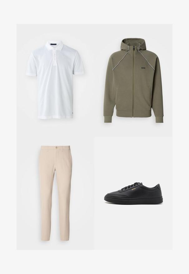 Sudadera con capucha de color verde oliva, de tela suave, con cremallera, capucha, ribetes blancos a lo largo de los hombros y dos bolsillos laterales.; Camisa polo blanca con una textura suave, tapeta de tres botones, cuello plano y mangas cortas. Presenta costuras sutiles en el dobladillo.; Pantalones beige hechos de una tela suave, con cierre de botón, corte recto y bolsillos laterales. Textura suave con detalles de costura mínimos.; Zapatillas de cuero negro con una textura suave, punta redondeada, suela plana de goma y cordones a tono. Presentan el logotipo dorado "BOSS" en el lateral.