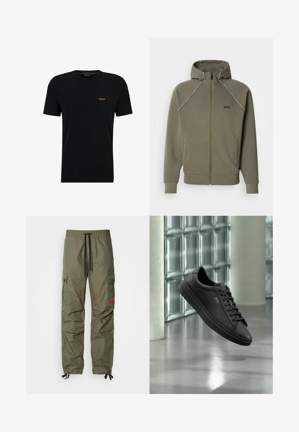 Sudadera con capucha de color verde oliva, de tela suave, con cremallera, capucha, ribetes blancos a lo largo de los hombros y dos bolsillos laterales.; Camiseta de algodón negra con cuello redondo, mangas cortas y un pequeño logo dorado en el lado izquierdo del pecho. Textura suave y diseño sencillo.; Pantalones cargo verde oliva con cinturilla elástica, cordón, bolsillos con cremallera y puños ajustables. Fabricados en tejido texturizado y ligero.; Zapatilla baja de piel negra con cordones negros y logo dorado BOSS en el lateral, flotando sobre un suelo gris brillante en un espacio interior moderno.