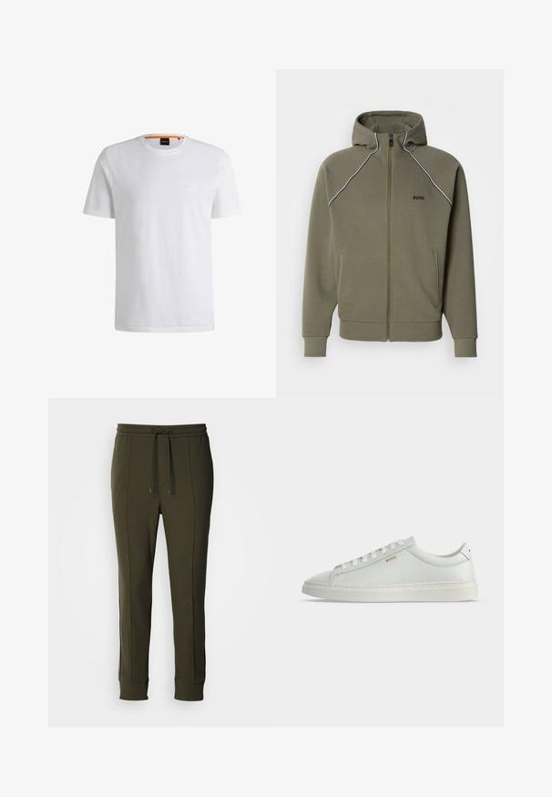 Olivgrüner Kapuzenpullover mit Reißverschluss aus weichem Stoff, mit Kapuze, weißen Paspeln an den Schultern und zwei Seitentaschen.; Weißes Baumwoll-T-Shirt mit kurzen Ärmeln und Rundhalsausschnitt. Verfügt über ein dezentes Logo-Patch auf der Vorderseite und einen orangefarbenen Akzent am Kragen.; Olivgrüne Jogginghosen aus weichem Stoff, mit einem Tunnelzugbund, gerippten Bündchen und Seiteneinsatz-Akzenten.; Weißer Leder-Sneaker in niedriger Ausführung mit Schnürsenkeln, flacher Sohle und kleinem goldfarbenem "BOSS" Logo an der Seite, von der Außenseite betrachtet.