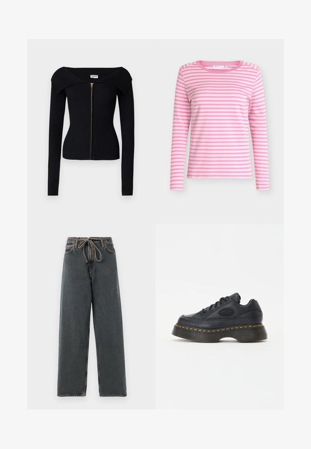 Noisy May NMJULIET CROP - Cardigan - black; Langærmet T-shirt i lyserød med hvide vandrette striber. Har rund halsudskæring og en blød, glat tekstur.; Mørke denim bukser med brede ben, snoretræk i taljen, synlige sømme og en glat tekstur. Har en afslappet pasform og lige ben.; Sort lædersneaker med struktureret overflade, rund tå og tyk plateau sål. Har gule kontrastsyninger og et mærke-logo på siden.