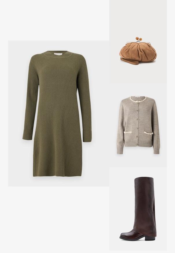 Hellbrauner Cardigan mit strukturierter Strickoptik, ausgestattet mit einem gewellten cremefarbenen Ausschnitt, zwei Vorder Taschen und braunen Knöpfen. Gerippte Bündchen und Saum.; CLOSED CREW NECK DRESS LONG SLEEVE - Strickkleid - forest green; Dunkelbraune Lederstiefel bis zum Knie mit niedrigem Blockabsatz und runder Spitze, seitlich auf einem weißen Hintergrund dargestellt.; Kleine weiche braune Wildleder-Clutch mit gerafftem Stoff, Metallverschluss, Holzperlenakzenten und Handgelenkschlaufe vor weißem Hintergrund.