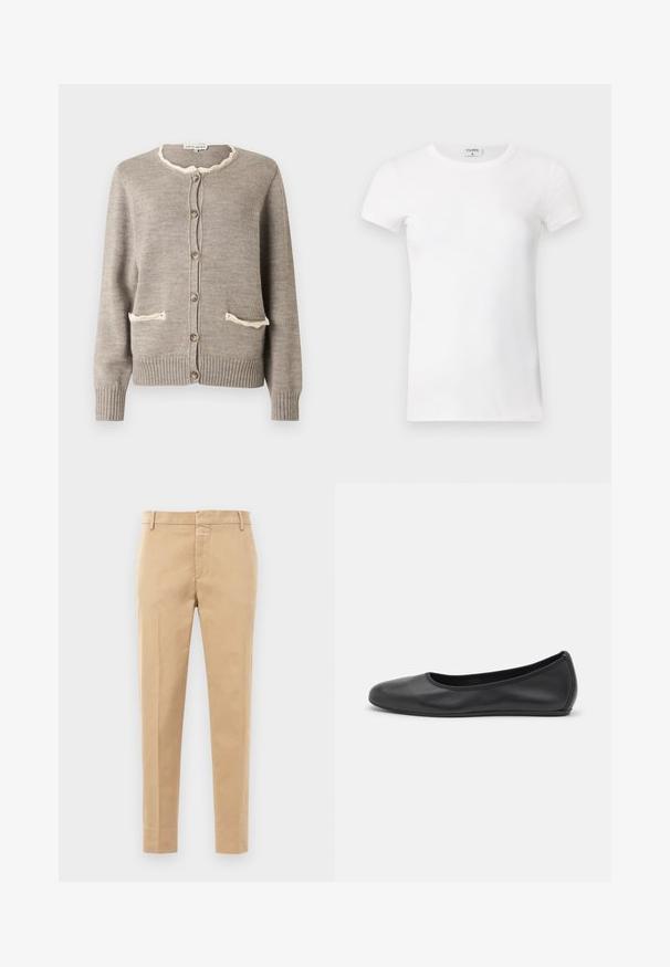 Cardigan marron clair en tricot texturé, avec un col cranté crème, deux poches à l'avant et des boutons marron. Poignets et ourlet côtelés.; T-shirt à manches courtes blanc côtelé avec un col rond. Le tissu semble lisse avec une silhouette ajustée. Étiquette de marque visible au niveau du col.; Pantalons en coton beige avec une coupe droite, dotés d'une fermeture éclair devant et de deux poches latérales. Aucun motif ou accent visible.; Ballerines en cuir noir avec un bout rond, texture lisse, détails de couture minimalistes et design de semelle flexible.