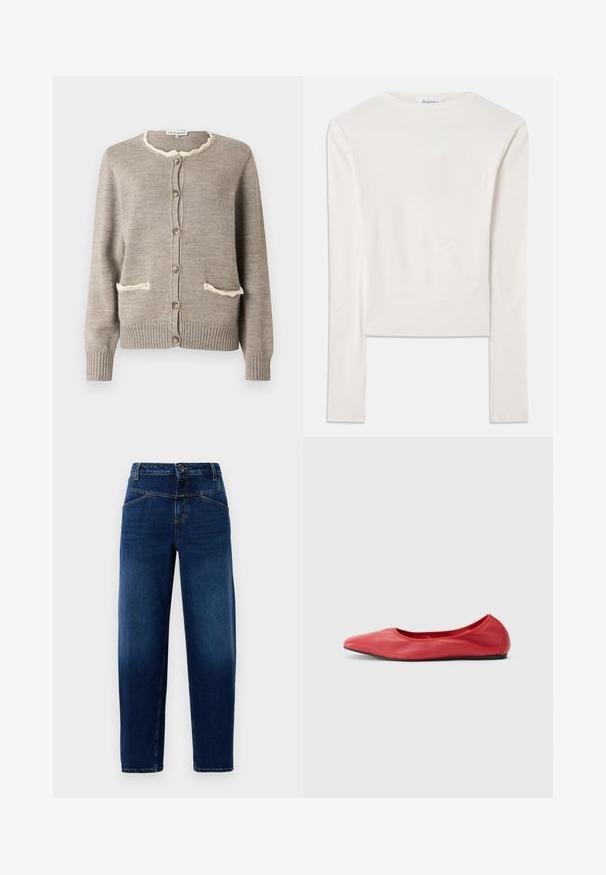 Cardigan marron clair en tricot texturé, avec un col cranté crème, deux poches à l'avant et des boutons marron. Poignets et ourlet côtelés.; Haut à manches longues blanc en coton, dotée d'un col ras du cou simple et d'une coupe ajustée. Le tissu est lisse avec une légère élasticité.; Jean en denim bleu foncé avec une coupe droite, cinq poches, fermeture par bouton supérieur et coutures orange.; Filippa K REY FLATS - Ballerines - bright red