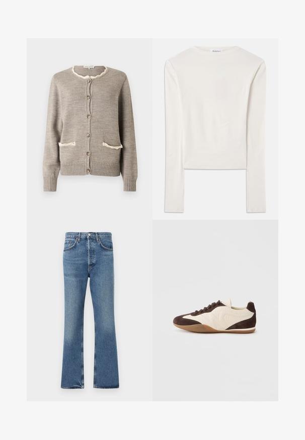 Cardigan marron clair en tricot texturé, avec un col cranté crème, deux poches à l'avant et des boutons marron. Poignets et ourlet côtelés.; Haut à manches longues blanc en coton, dotée d'un col ras du cou simple et d'une coupe ajustée. Le tissu est lisse avec une légère élasticité.; Jean en denim bleu taille haute, fermeture à boutons et fermeture éclair, poches avant et arrière, et jambes légèrement évasées.; Baskets marron et crème présentant un mélange de matériaux texturés et lisses, profil bas, design à lacets, et semelle en caoutchouc.